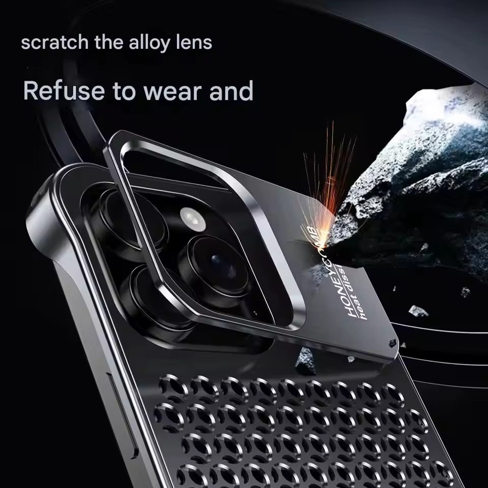 Rugged iPhone Case — Aluminum Alloy Hollow Cooling Cover with Shockproof Anti-Scratch Protection & Built-In Stand