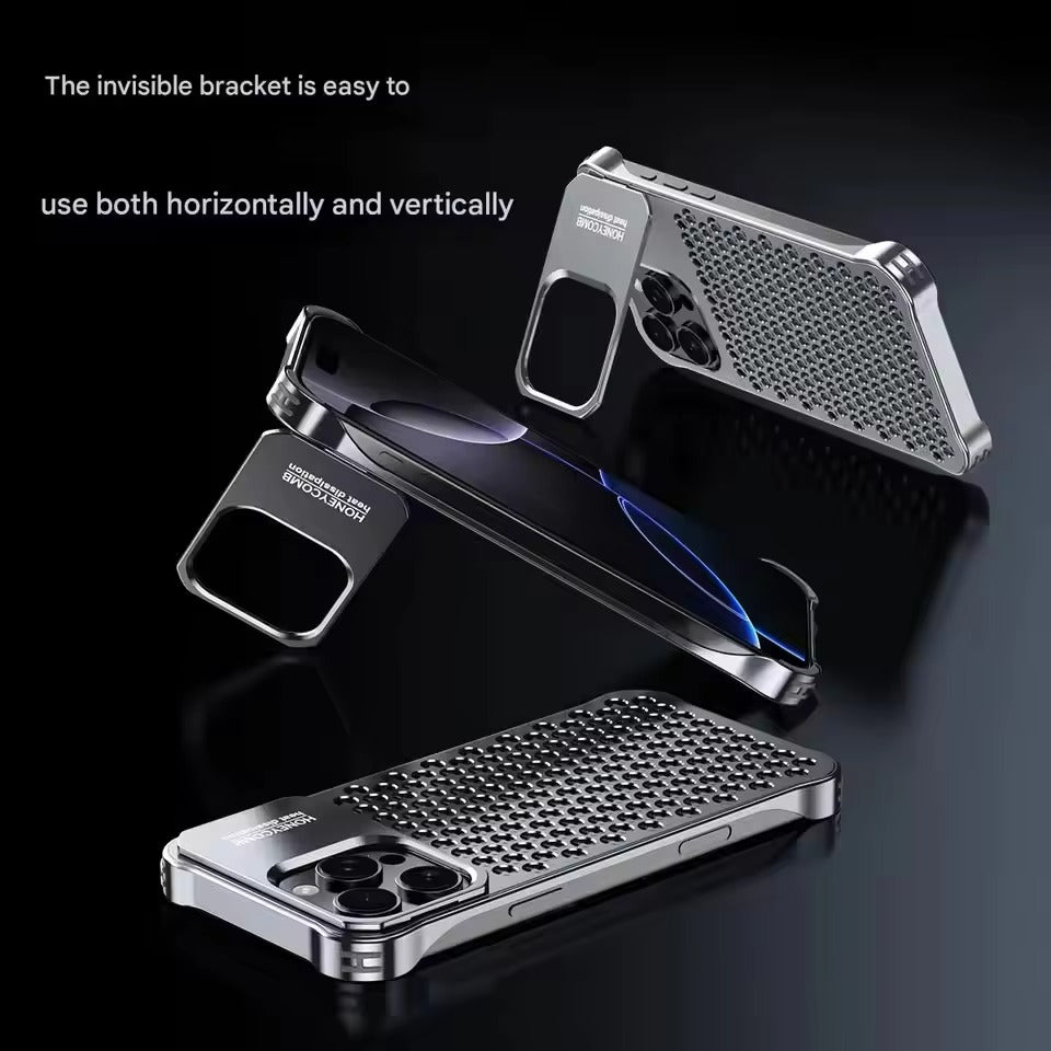 Rugged iPhone Case — Aluminum Alloy Hollow Cooling Cover with Shockproof Anti-Scratch Protection & Built-In Stand