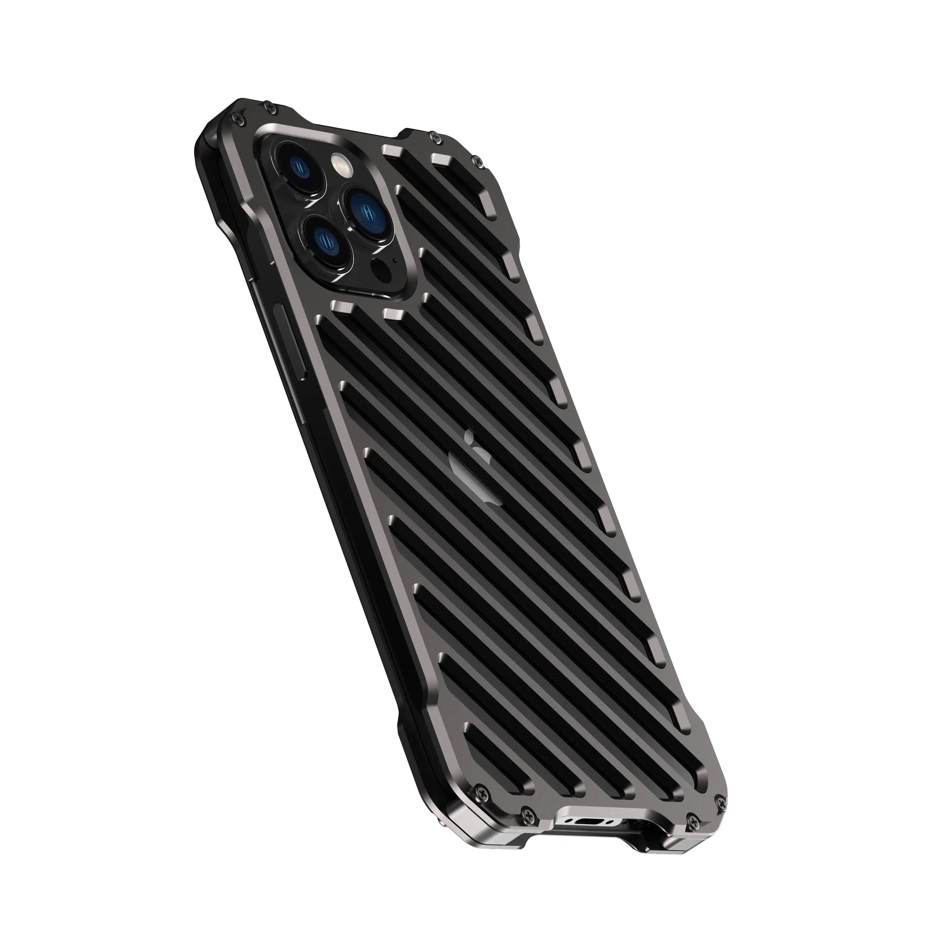 Rugged iPhone Case — Aluminum Armor Bumper with 3D Camera Lens Protective Frame, Shockproof Metal Gear Design & Transparent Hard Cover