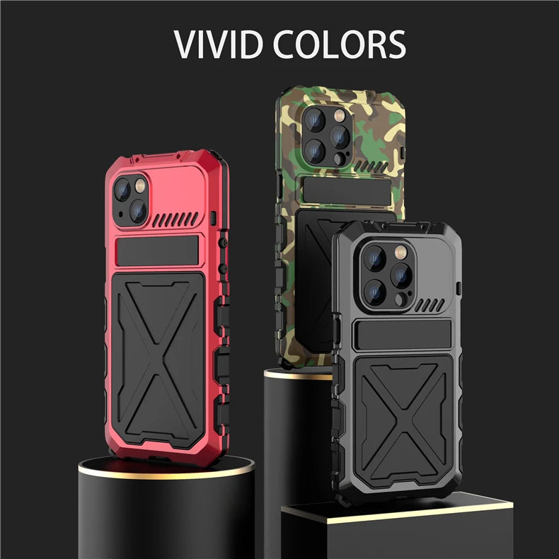Rugged iPhone Case — Aluminum Military Metal Bumper with Screen Protector, Shockproof Silicone Back, Heavy-Duty Water-Resistant Non-Slip Design