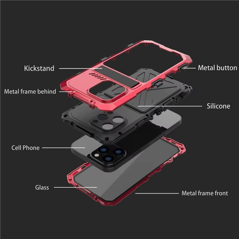 Rugged iPhone Case — Aluminum Military Metal Bumper with Screen Protector, Shockproof Silicone Back, Heavy-Duty Water-Resistant Non-Slip Design