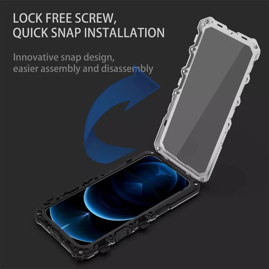 Rugged iPhone Case — Aluminum Military Metal Bumper with Screen Protector, Shockproof Silicone Back, Heavy-Duty Water-Resistant Non-Slip Design