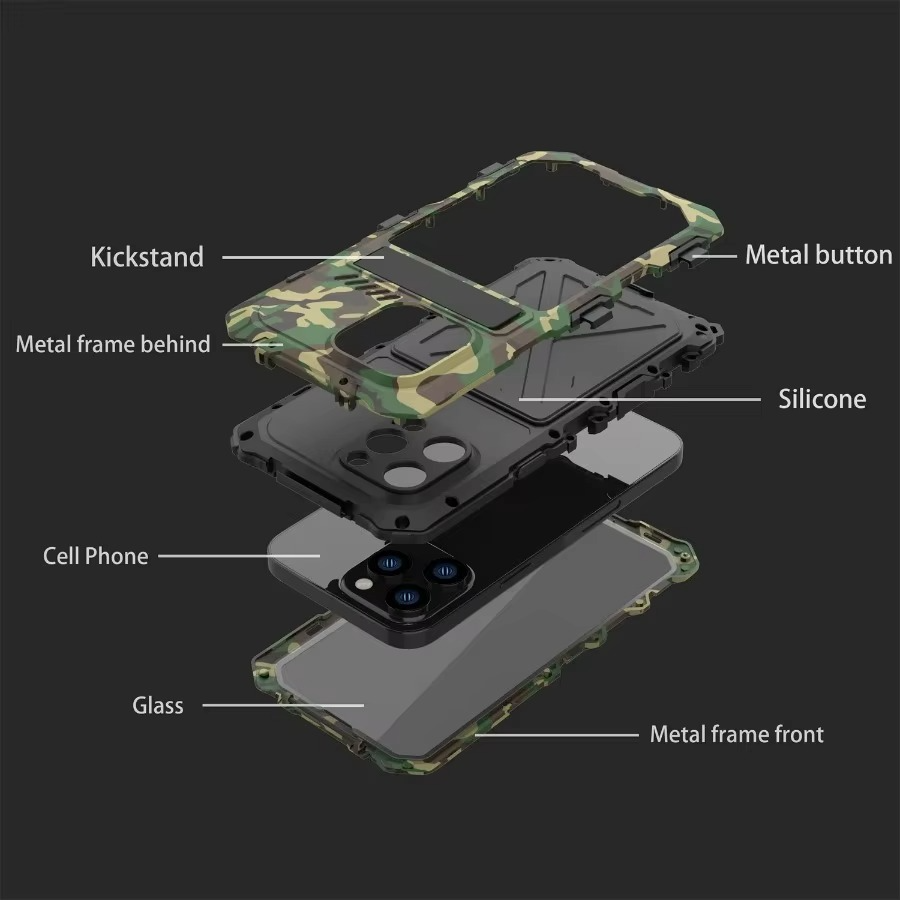 Rugged iPhone Case — Aluminum Military Metal Bumper with Screen Protector, Shockproof Silicone Back, Heavy-Duty Water-Resistant Non-Slip Design