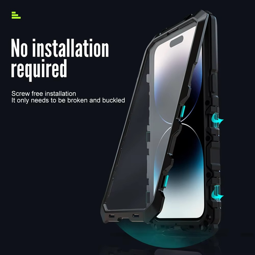 Rugged iPhone Case — Aluminum Military Metal Bumper with Screen Protector, Shockproof Silicone Back, Heavy-Duty Water-Resistant Non-Slip Design