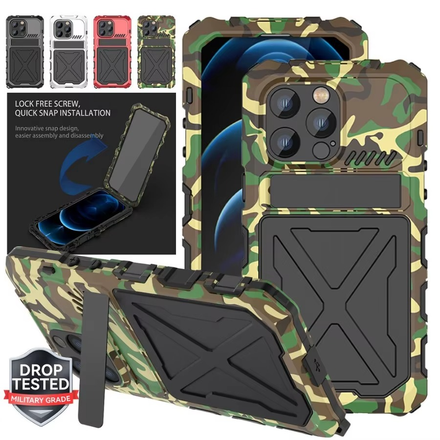Rugged iPhone Case — Aluminum Military Metal Bumper with Screen Protector, Shockproof Silicone Back, Heavy-Duty Water-Resistant Non-Slip Design
