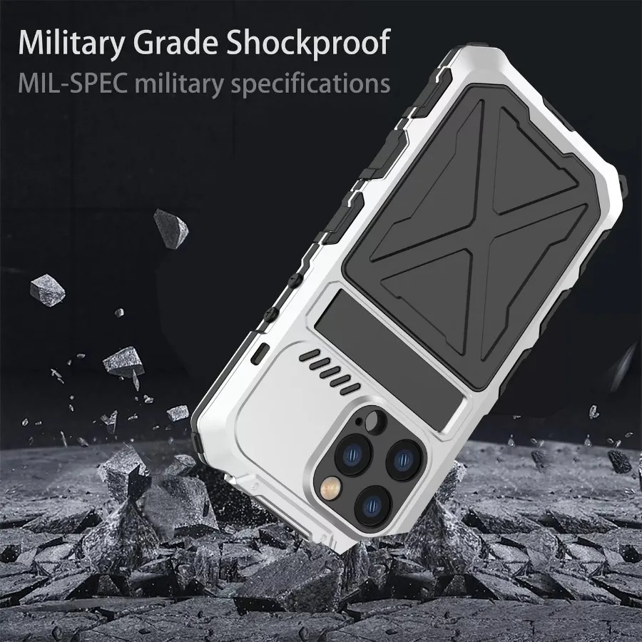 Rugged iPhone Case — Aluminum Military Metal Bumper with Screen Protector, Shockproof Silicone Back, Heavy-Duty Water-Resistant Non-Slip Design