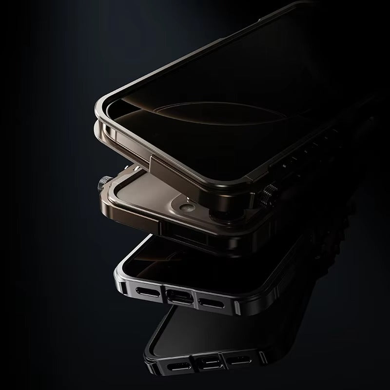 Rugged iPhone Case — Full-Metal Mechanical Mecha Cover with Military-Grade Shockproof Aluminum Design, Lightweight Drop-Proof Protection and Lanyard Support