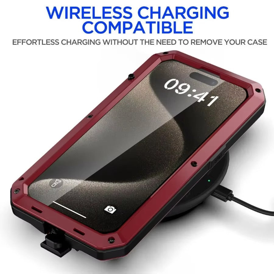 Rugged iPhone Case — Heavy-Duty Aluminum Alloy Armor Cover with Dual-Layer Metal + TPU Protection, Shockproof Screen Guard, IP54 Dustproof Anti-Fingerprint Design