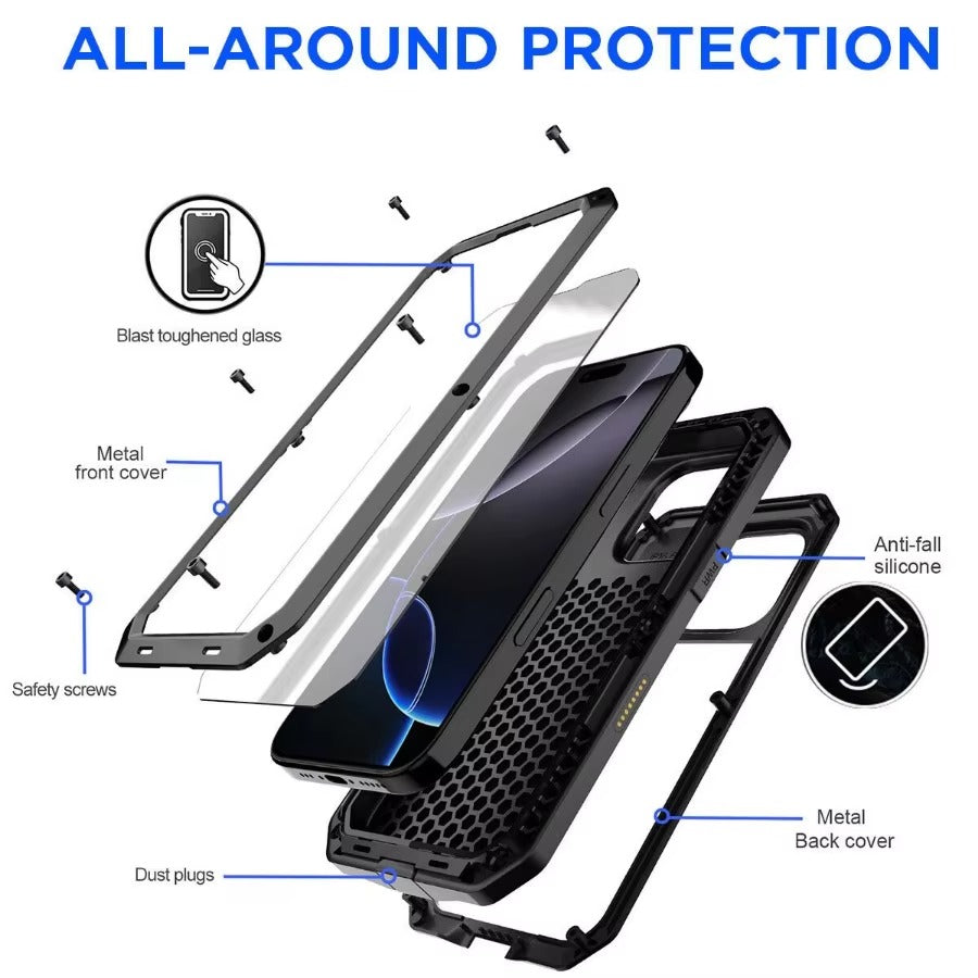 Rugged iPhone Case — Heavy-Duty Aluminum Alloy Armor Cover with Dual-Layer Metal + TPU Protection, Shockproof Screen Guard, IP54 Dustproof Anti-Fingerprint Design