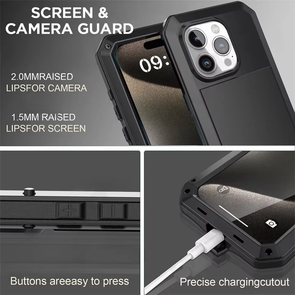 Rugged iPhone Case — Heavy-Duty Aluminum Alloy Armor Cover with Dual-Layer Metal + TPU Protection, Shockproof Screen Guard, IP54 Dustproof Anti-Fingerprint Design