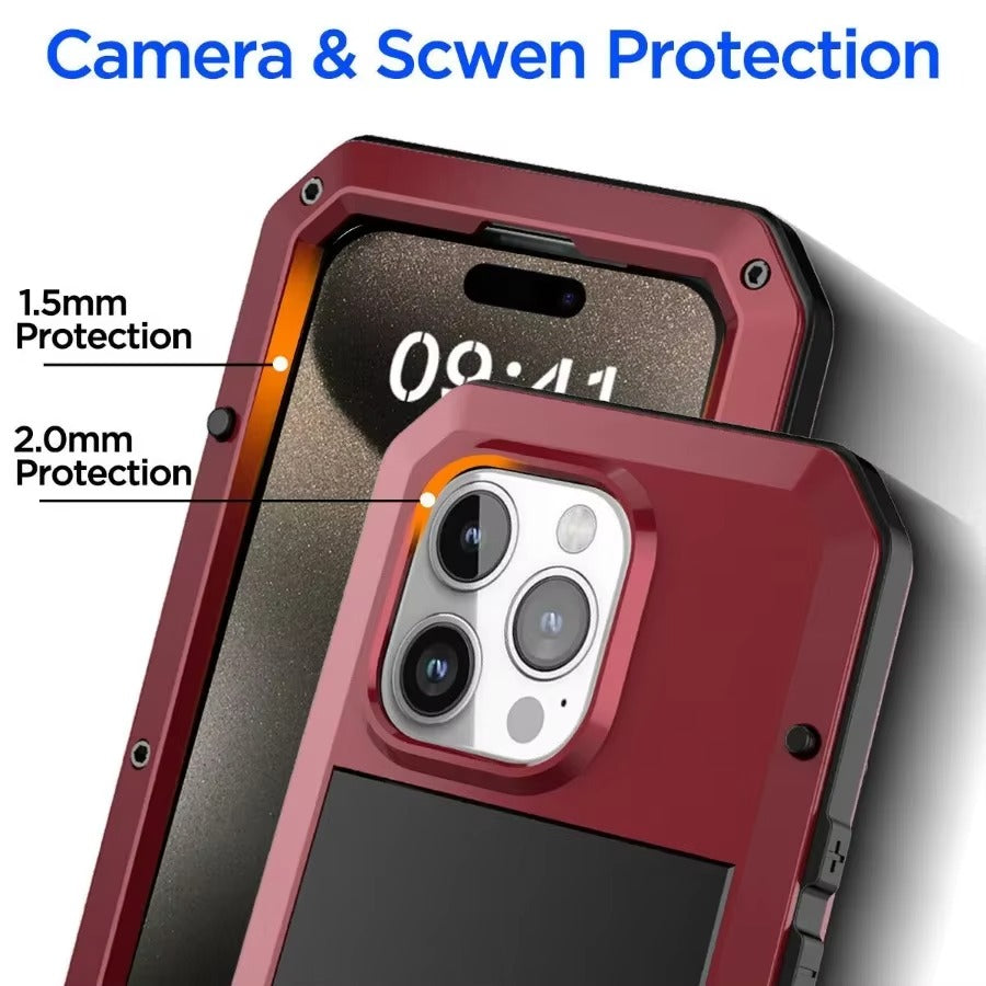 Rugged iPhone Case — Heavy-Duty Aluminum Alloy Armor Cover with Dual-Layer Metal + TPU Protection, Shockproof Screen Guard, IP54 Dustproof Anti-Fingerprint Design