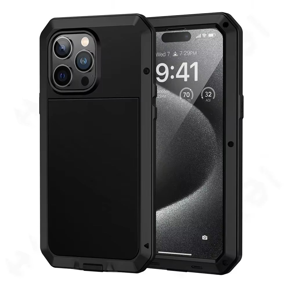 Rugged iPhone Case — Heavy-Duty Aluminum Alloy Armor Cover with Dual-Layer Metal + TPU Protection, Shockproof Screen Guard, IP54 Dustproof Anti-Fingerprint Design