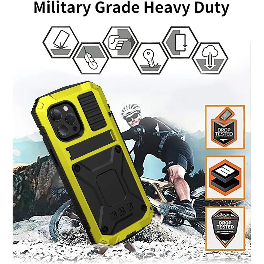 Rugged iPhone Case — Heavy-Duty Aluminum Metal Armor Cover with Tempered Glass Screen, Shockproof IP54 Water-Resistant Full-Body Protection and Kickstand