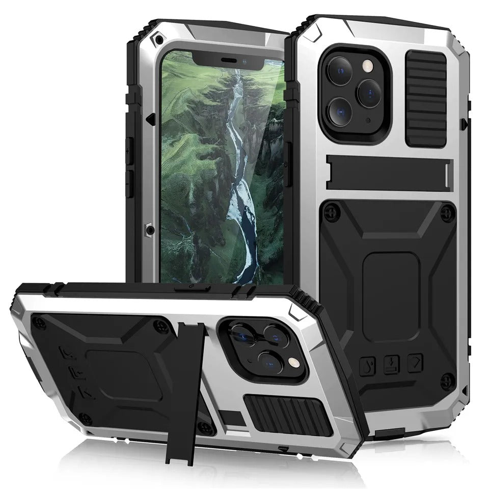 Rugged iPhone Case — Heavy-Duty Aluminum Metal Armor Cover with Tempered Glass Screen, Shockproof IP54 Water-Resistant Full-Body Protection and Kickstand