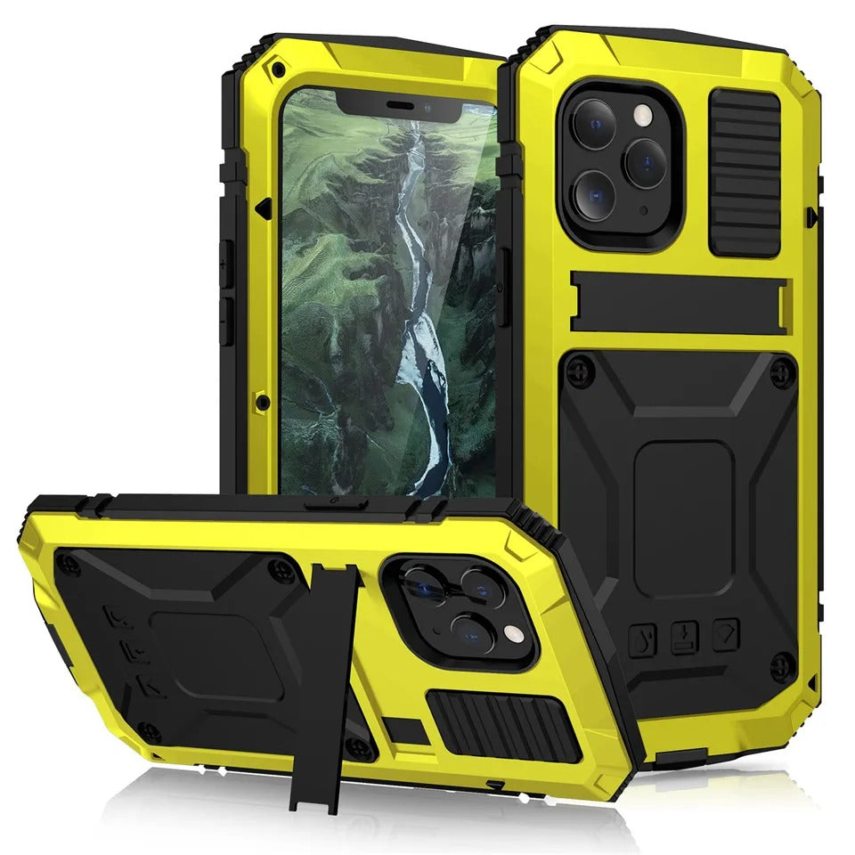Rugged iPhone Case — Heavy-Duty Aluminum Metal Armor Cover with Tempered Glass Screen, Shockproof IP54 Water-Resistant Full-Body Protection and Kickstand