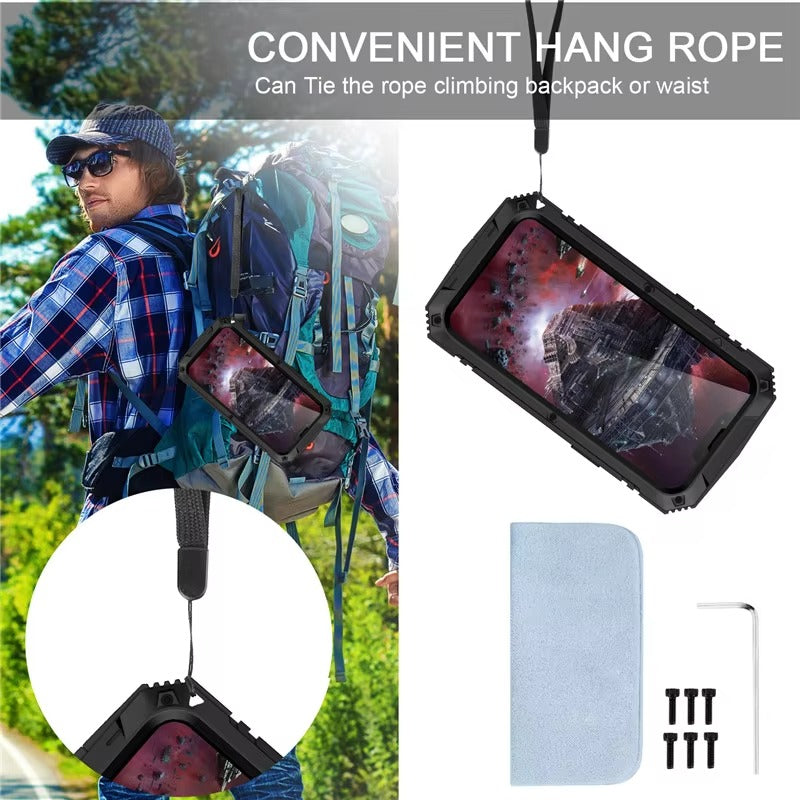 Rugged iPhone Case — Heavy-Duty Aluminum Metal Armor Cover with Tempered Glass Screen, Shockproof IP54 Water-Resistant Full-Body Protection and Kickstand