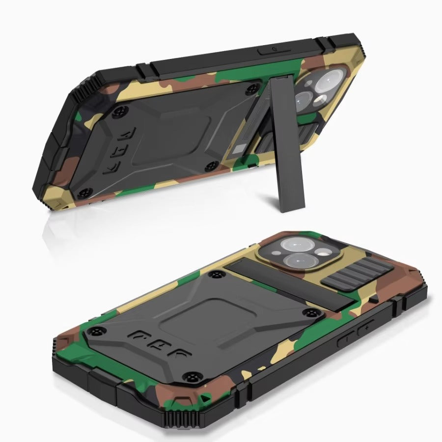 Rugged iPhone Case — Heavy-Duty Aluminum Metal Armor Cover with Tempered Glass Screen, Shockproof IP54 Water-Resistant Full-Body Protection and Kickstand