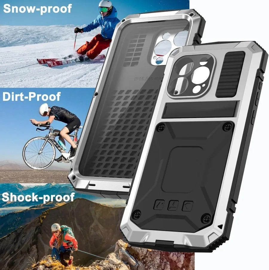 Rugged iPhone Case — Heavy-Duty Aluminum Metal Cover with Screen & Lens Protector, Dual-Layer Shockproof Design, IP54 Dustproof Water-Resistant Finish
