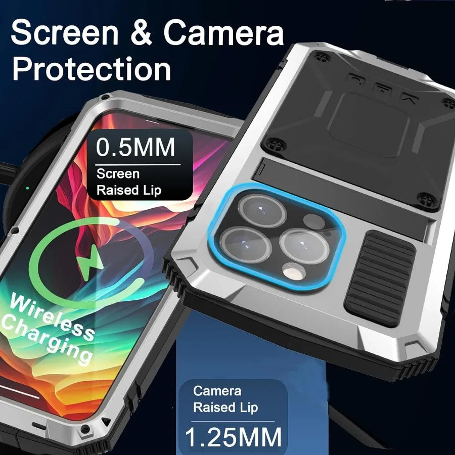 Rugged iPhone Case — Heavy-Duty Aluminum Metal Cover with Screen & Lens Protector, Dual-Layer Shockproof Design, IP54 Dustproof Water-Resistant Finish