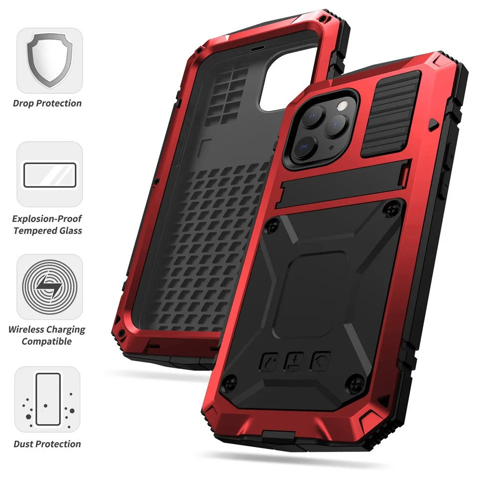 Rugged iPhone Case — Heavy-Duty Aluminum Metal Cover with Screen & Lens Protector, Dual-Layer Shockproof Design, IP54 Dustproof Water-Resistant Finish