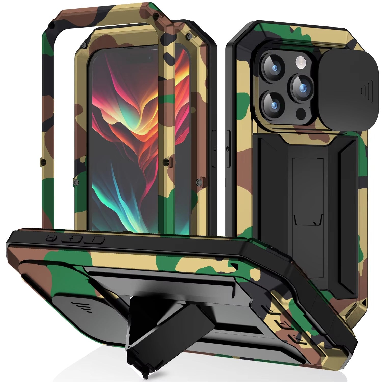 Rugged iPhone Case — Heavy-Duty Aluminum Metal Full-Body Cover with Tempered Glass Screen & Lens Slider, Shockproof Dual-Layer Protection and Multi-Angle Kickstand