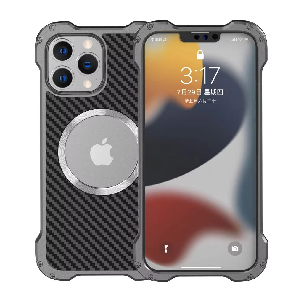 Rugged iPhone Case — Heavy-Duty Aluminum + Carbon Fiber Bumper Cover with Shockproof Design, Magnetic Heat-Dissipation Build and Lens Protector