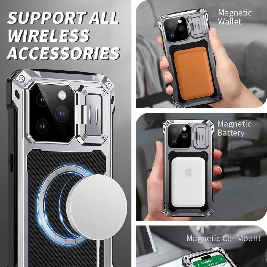 Rugged iPhone Case — Heavy-Duty Metal MagSafe Cover with Camera Guard Kickstand, 9H Screen & Lens Protectors, Dual-Layer Aluminum Bumper & Military-Grade Shockproof Design