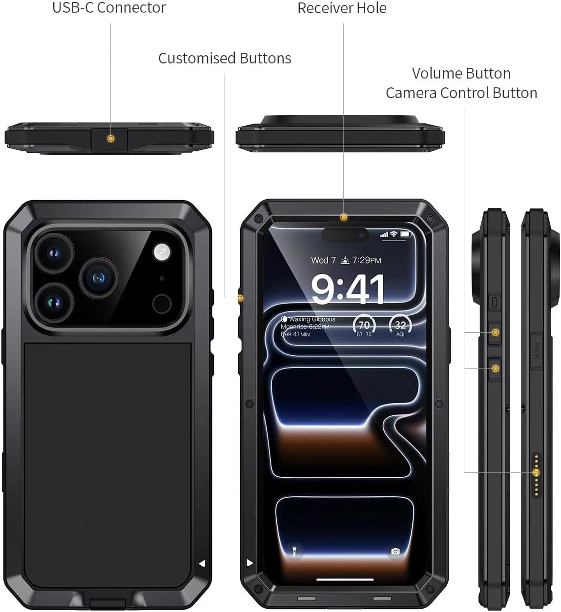 Rugged iPhone Case — Heavy-Duty Metal Protective Cover with Built-In Glass Screen Protector and Tough Shockproof TPU+PC Design