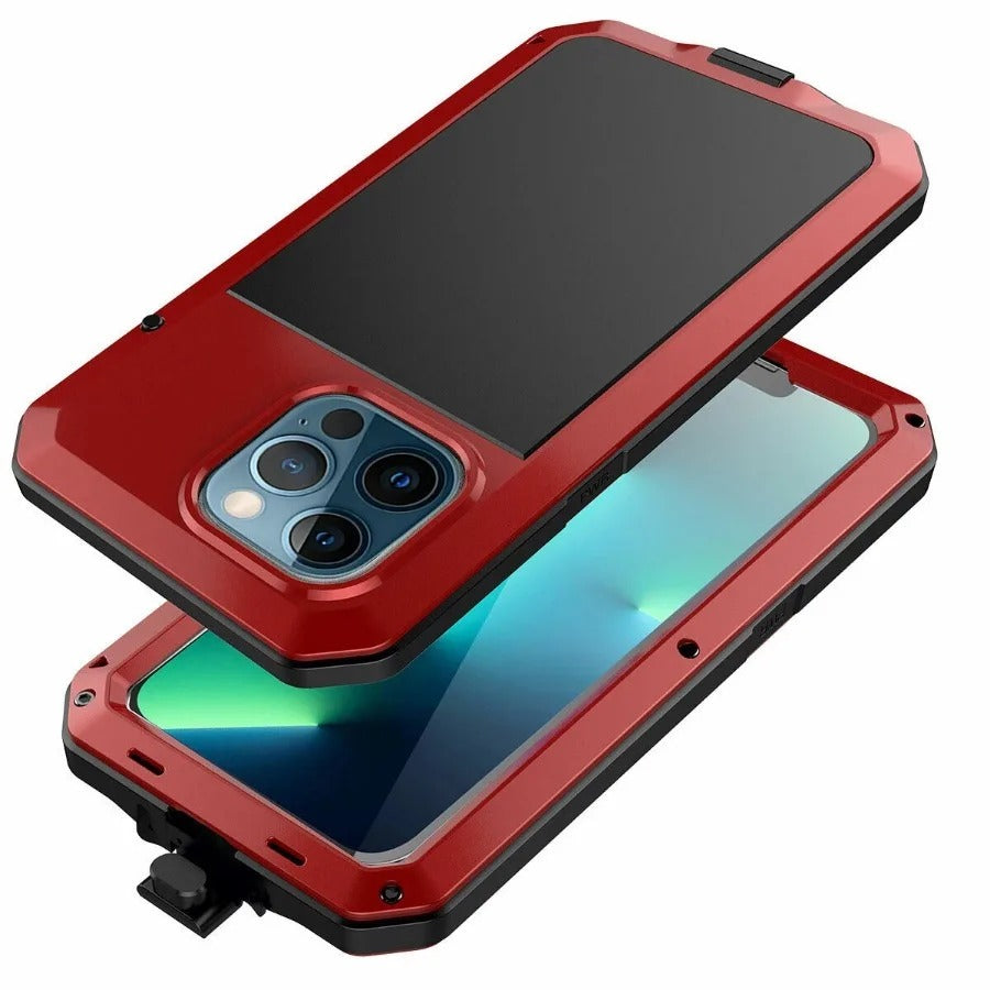 Rugged iPhone Case — Heavy-Duty Metal Protective Cover with Built-In Glass Screen Protector and Tough Shockproof TPU+PC Design