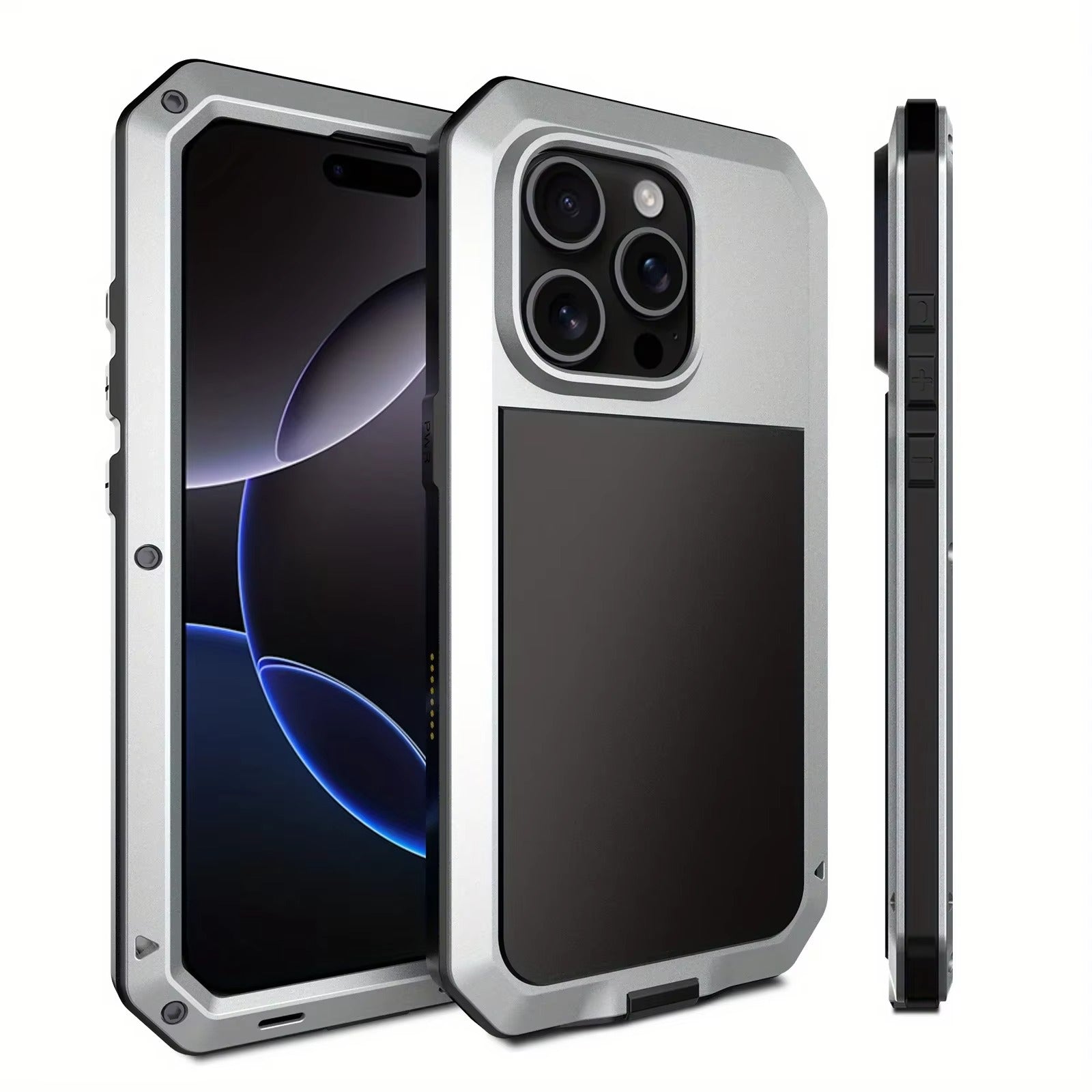Rugged iPhone Case — Heavy-Duty Metal Protective Cover with Built-In Glass Screen Protector and Tough Shockproof TPU+PC Design
