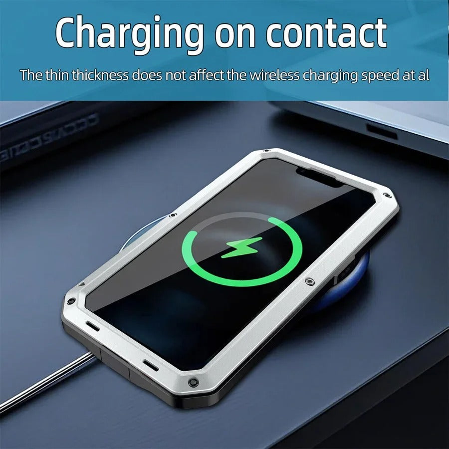 Rugged iPhone Case — Heavy-Duty Metal Protective Cover with Built-In Glass Screen Protector and Tough Shockproof TPU+PC Design