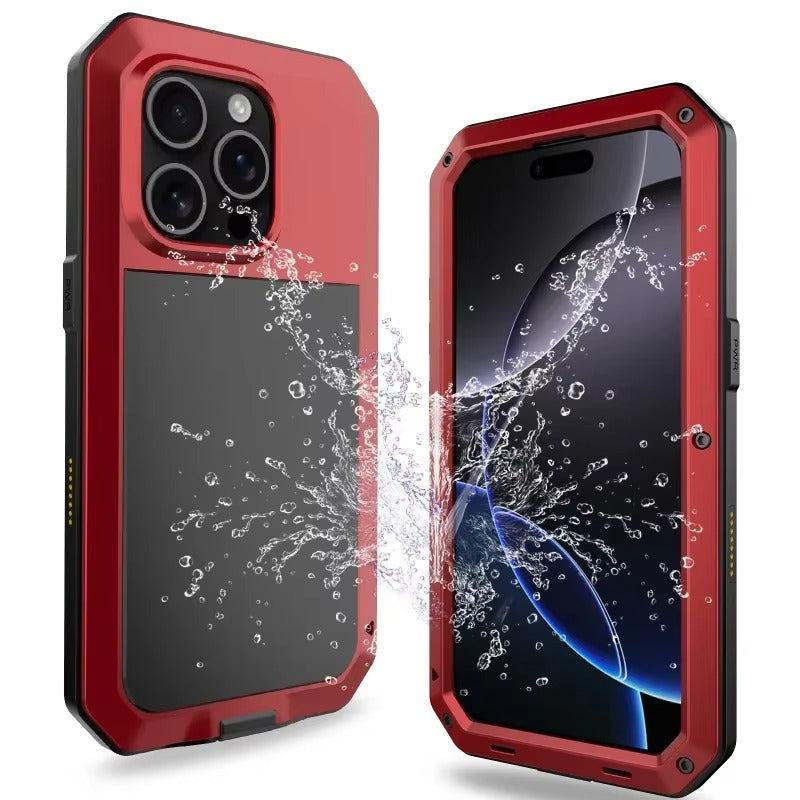 Rugged iPhone Case — Heavy-Duty Metal Protective Cover with Built-In Glass Screen Protector and Tough Shockproof TPU+PC Design
