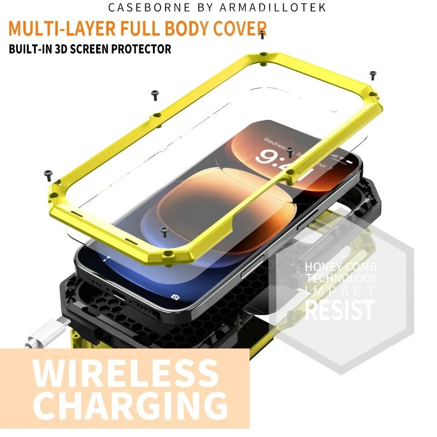 Rugged iPhone Case — Heavy-Duty Metal + Silicone Military Cover with Slide Camera Protector, Full-Body Shockproof Design, Kickstand and Screen Protection