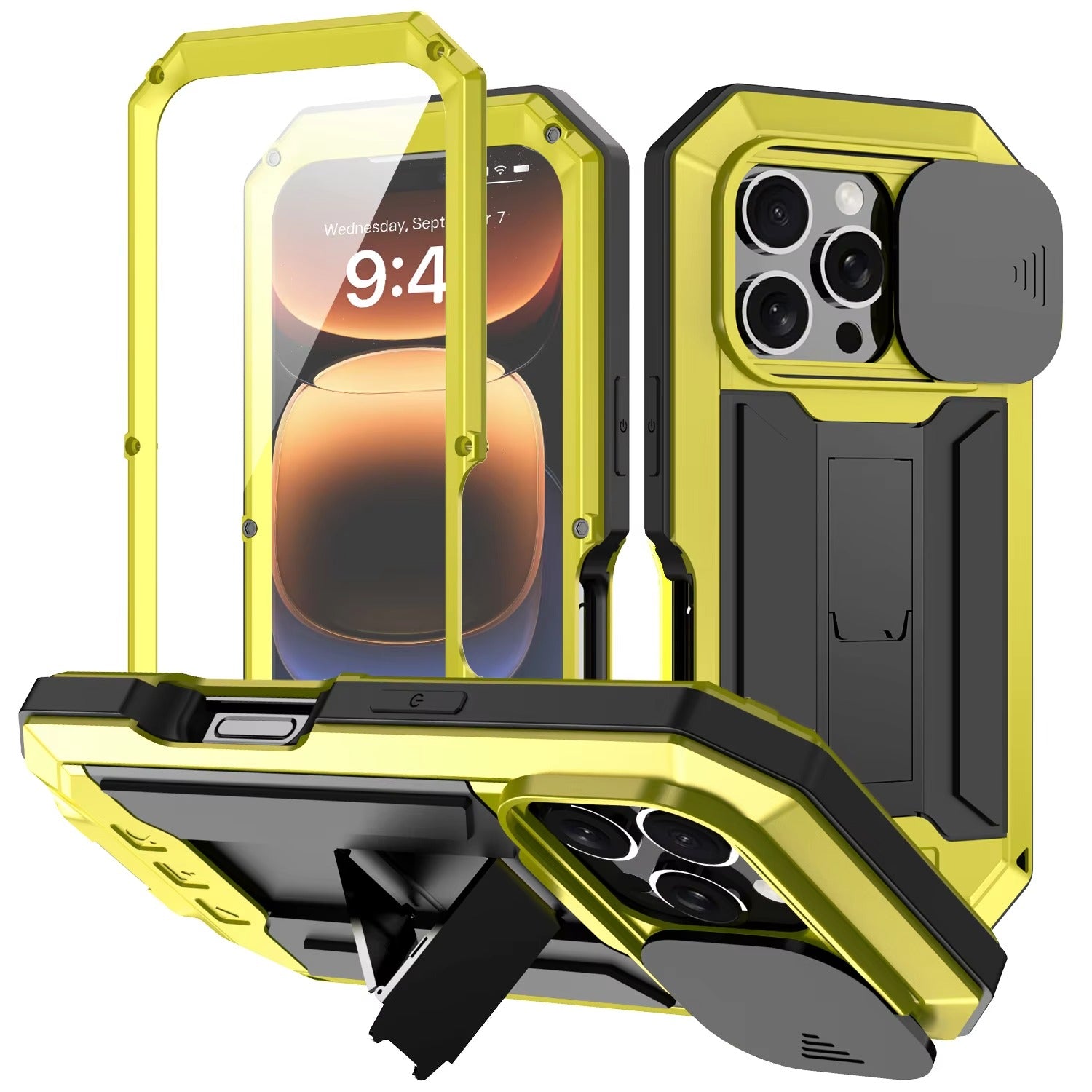 Rugged iPhone Case — Heavy-Duty Metal + Silicone Military Cover with Slide Camera Protector, Full-Body Shockproof Design, Kickstand and Screen Protection