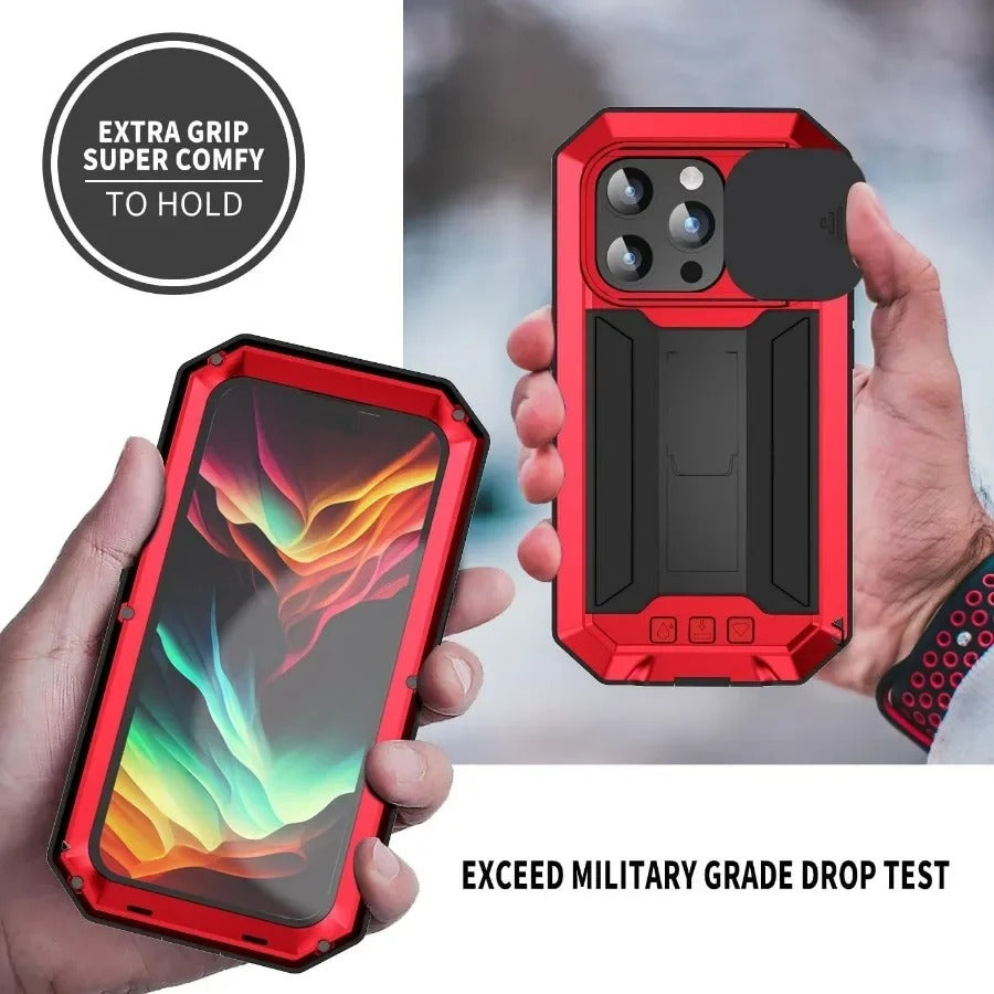 Rugged iPhone Case — Heavy-Duty Metal + Silicone Military Cover with Slide Camera Protector, Full-Body Shockproof Design, Kickstand and Screen Protection