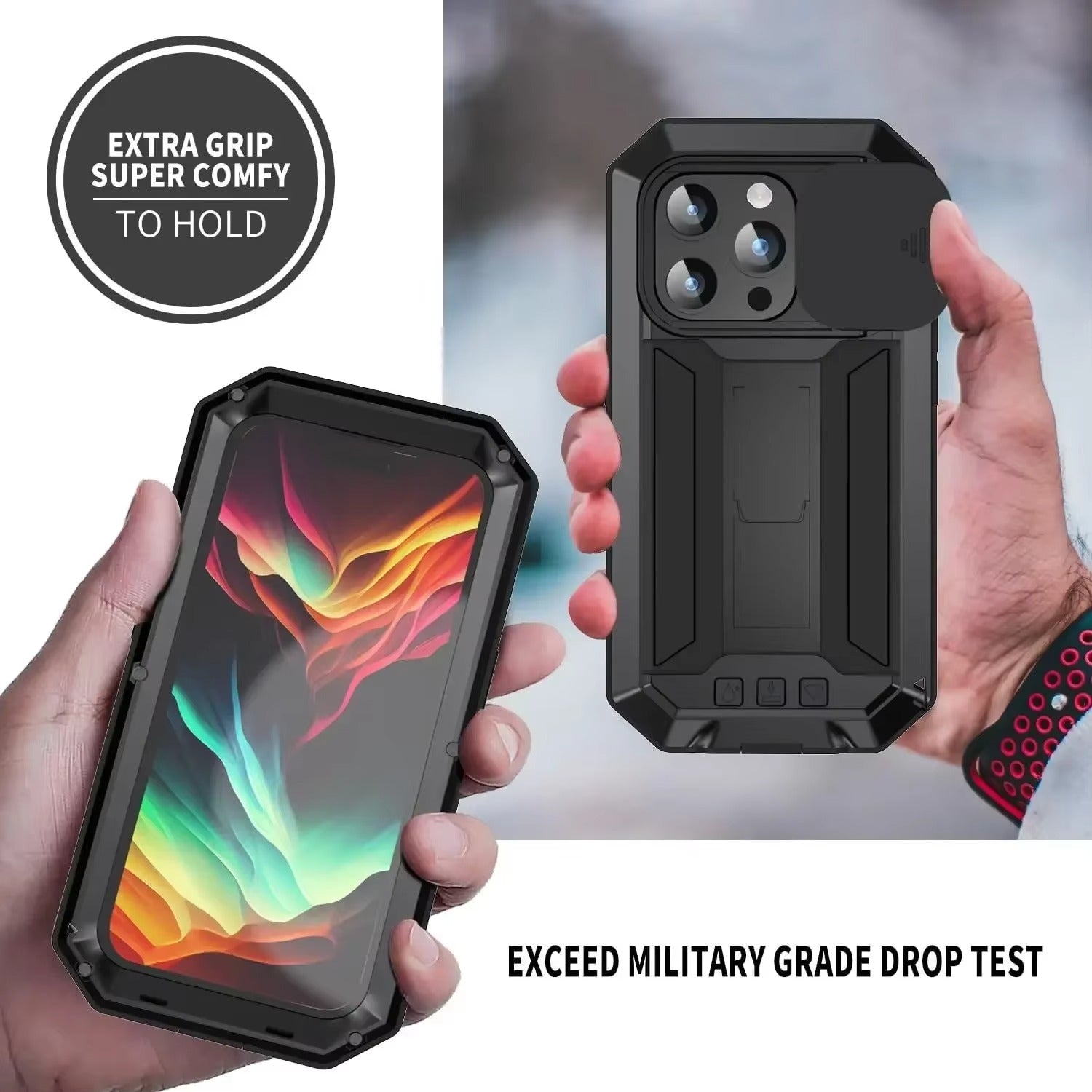 Rugged iPhone Case — Heavy-Duty Metal + Silicone Military Cover with Slide Camera Protector, Full-Body Shockproof Design, Kickstand and Screen Protection