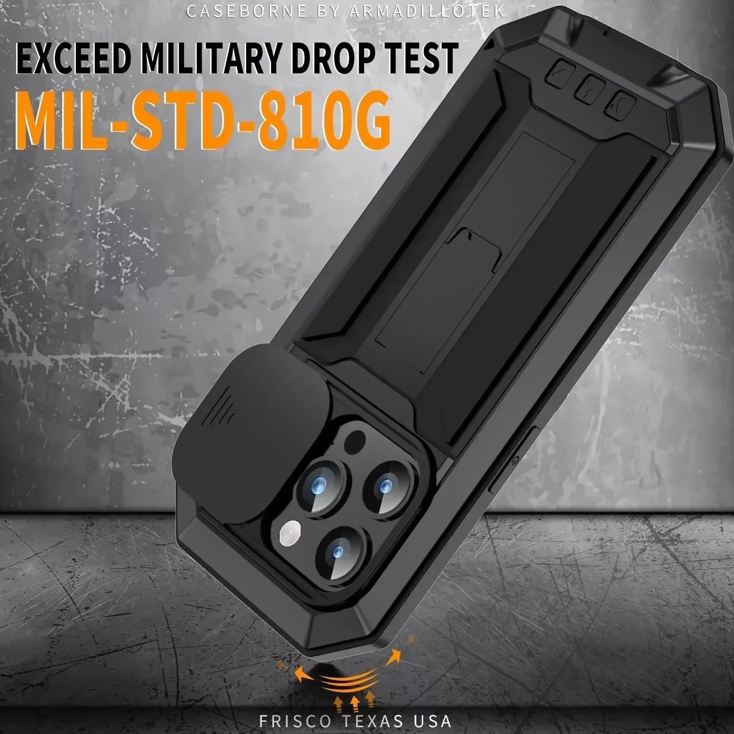Rugged iPhone Case — Heavy-Duty Metal + Silicone Military Cover with Slide Camera Protector, Full-Body Shockproof Design, Kickstand and Screen Protection