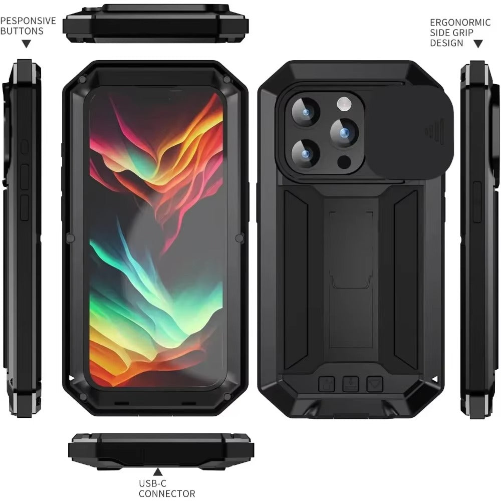 Rugged iPhone Case — Heavy-Duty Metal + Silicone Military Cover with Slide Camera Protector, Full-Body Shockproof Design, Kickstand and Screen Protection