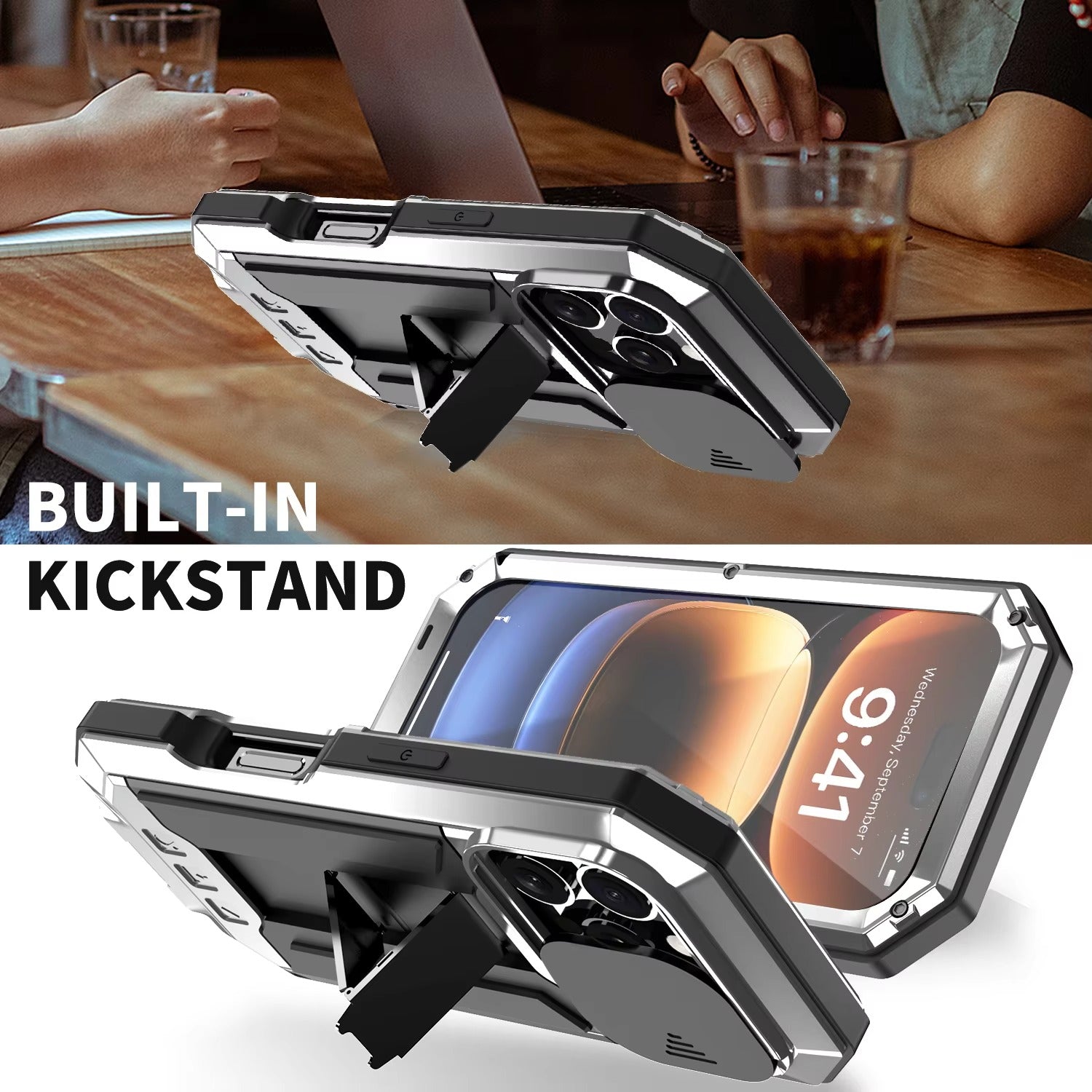 Rugged iPhone Case — Heavy-Duty Metal + Silicone Military Cover with Slide Camera Protector, Full-Body Shockproof Design, Kickstand and Screen Protection