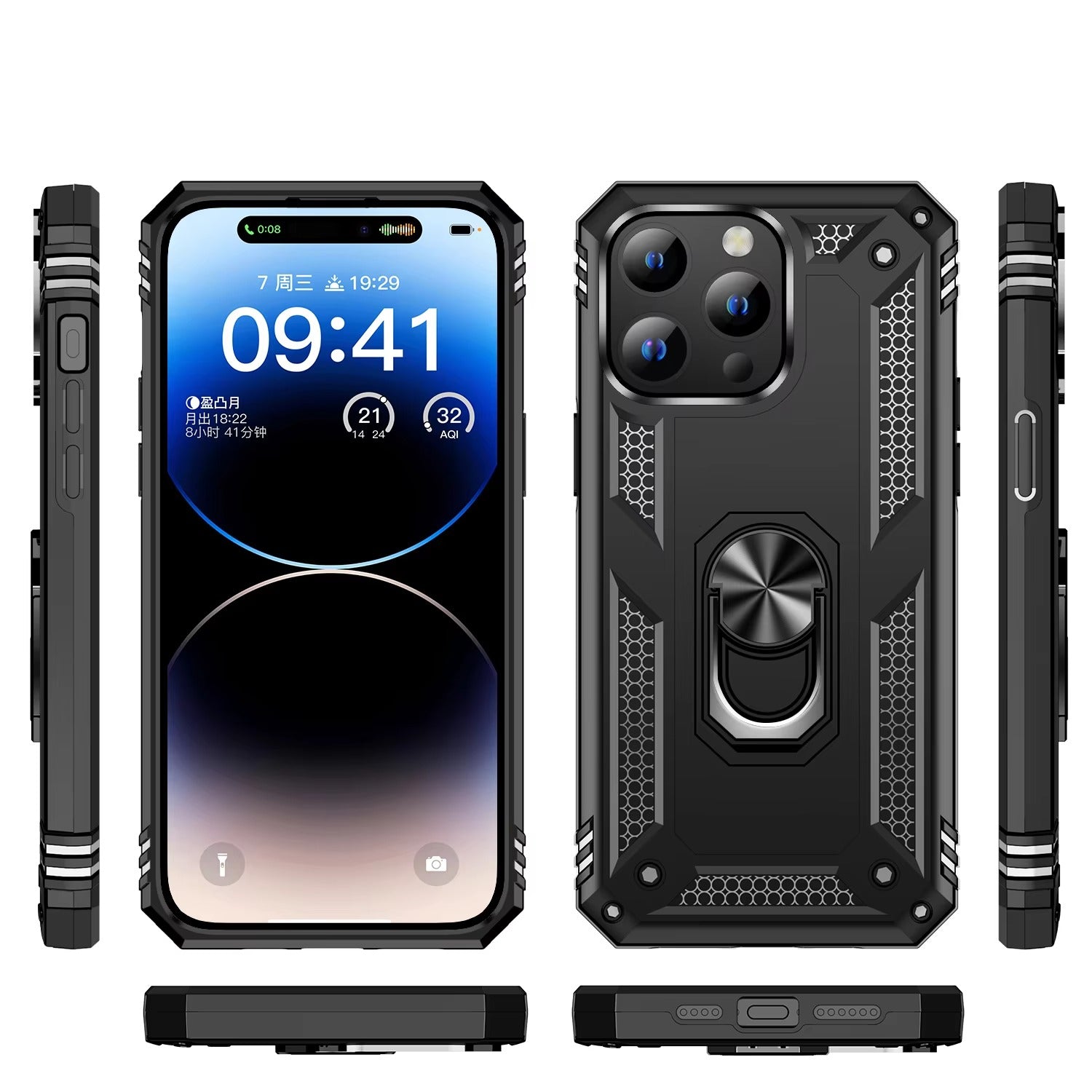Rugged iPhone Case — Heavy-Duty PC+TPU Protective Cover with Metal Bracket Holder and Shockproof Anti-Fall Design