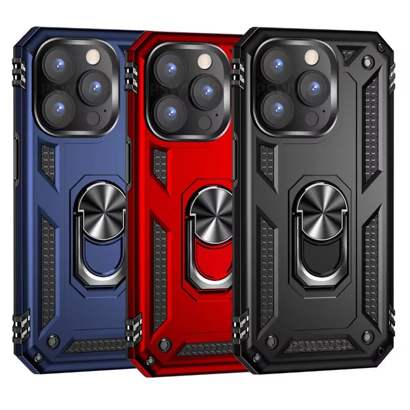 Rugged iPhone Case — Heavy-Duty PC+TPU Protective Cover with Metal Bracket Holder and Shockproof Anti-Fall Design