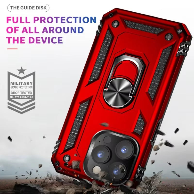 Rugged iPhone Case — Heavy-Duty PC+TPU Protective Cover with Metal Bracket Holder and Shockproof Anti-Fall Design