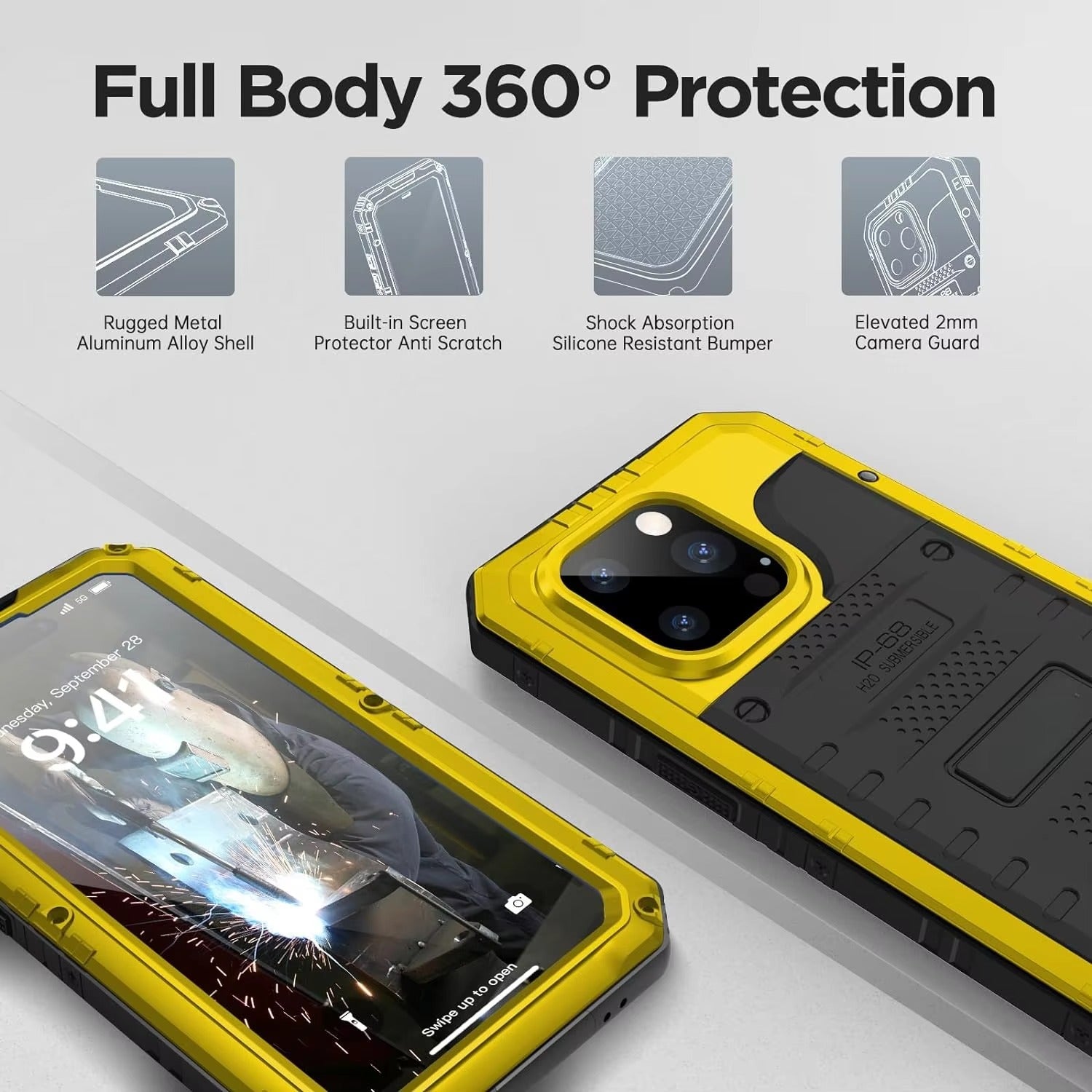 Rugged iPhone Case — IP68 Waterproof Metal Armor Cover with Full-Body Shockproof Protection, Screen Guard, Dustproof Heavy-Duty Design