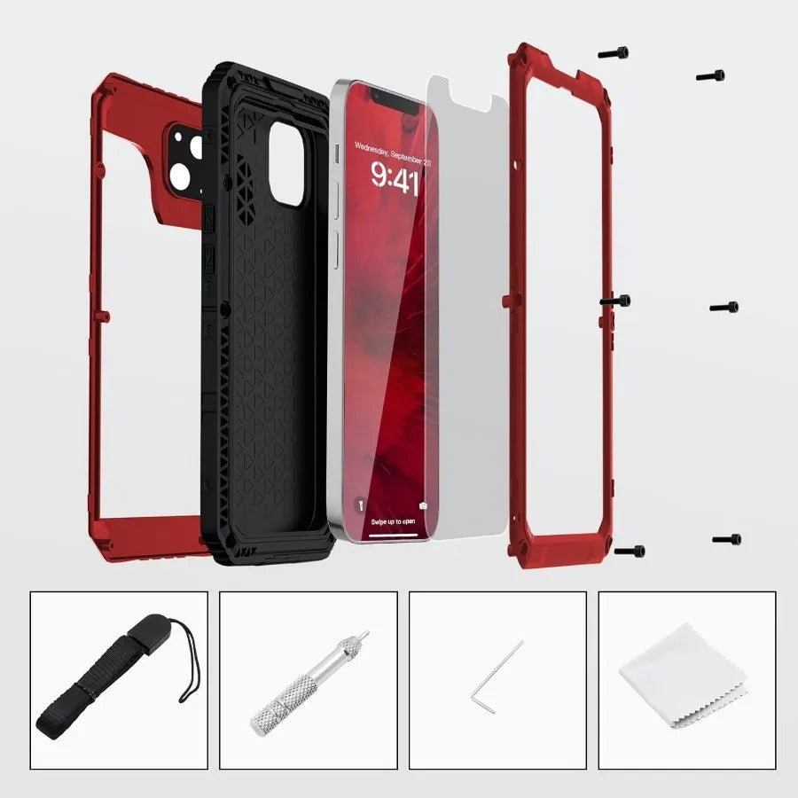 Rugged iPhone Case — IP68 Waterproof Metal Armor Cover with Full-Body Shockproof Protection, Screen Guard, Dustproof Heavy-Duty Design