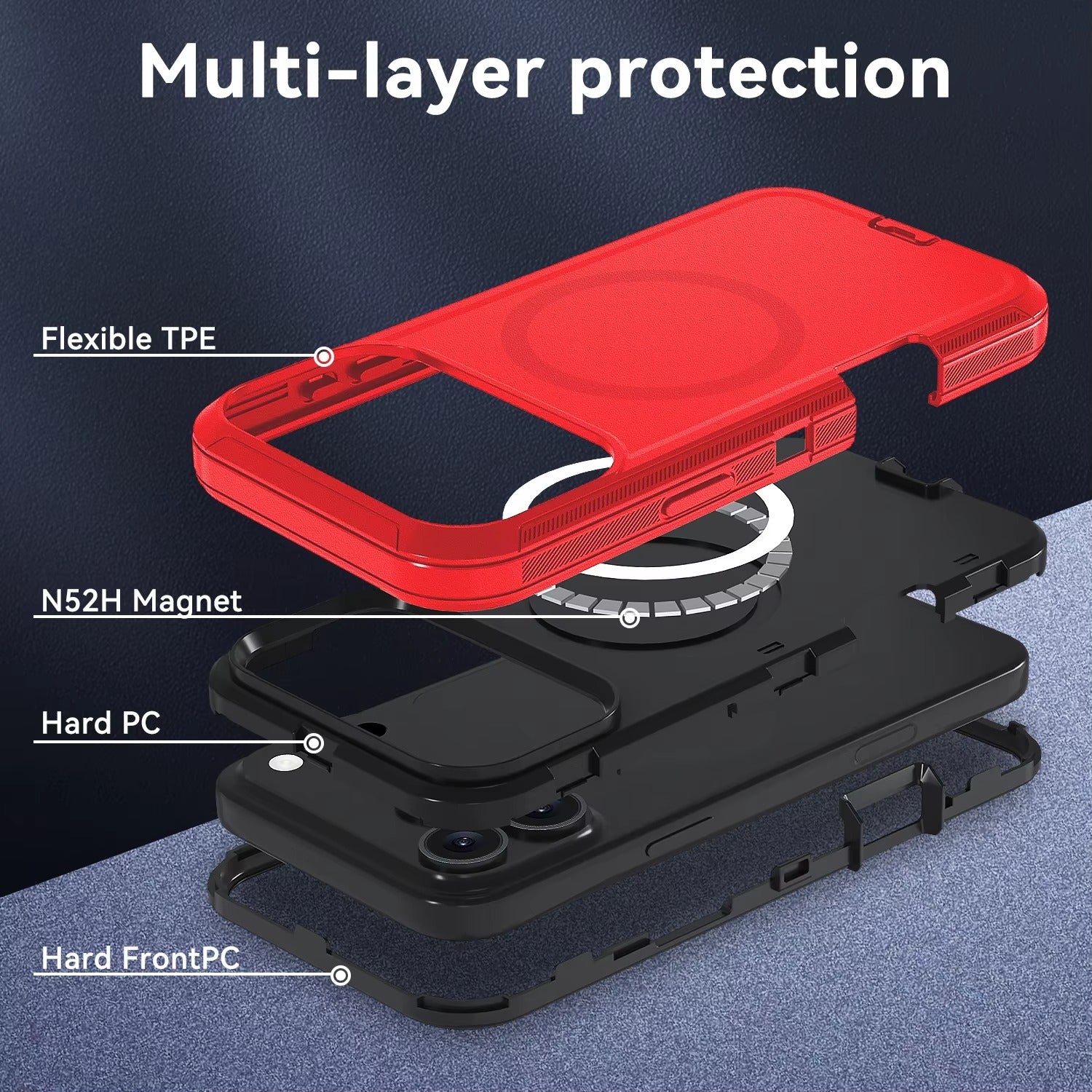 Rugged iPhone Case — MagSafe Armor Shockproof PC+TPU Defender Cover with Impact-Resistant Anti-Slip Durable Protection