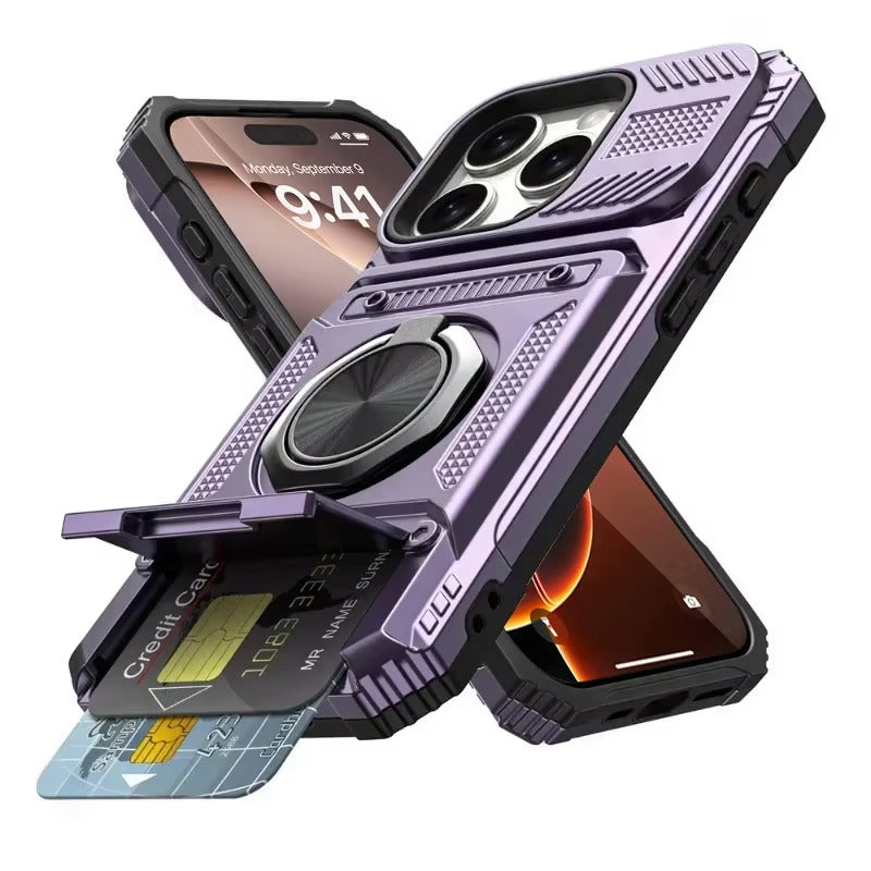 Rugged iPhone Case — Magnetic Wallet Cover with 360° Ring Kickstand, Dual-Layer Metal + TPU Protection, Hidden Card Slots and Heavy-Duty Drop-Resistant Design