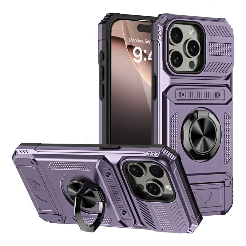 Rugged iPhone Case — Magnetic Wallet Cover with 360° Ring Kickstand, Dual-Layer Metal + TPU Protection, Hidden Card Slots and Heavy-Duty Drop-Resistant Design