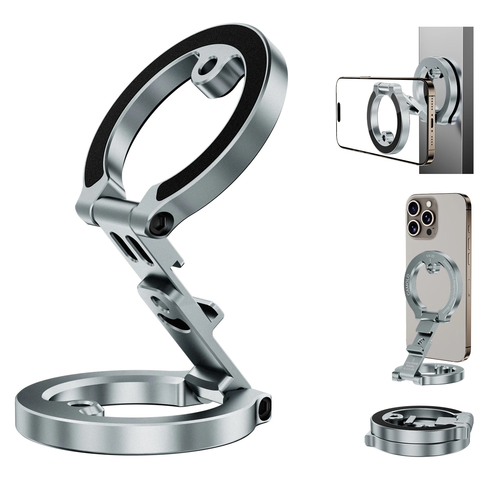 Rugged iPhone Dual-Sided Magnetic Ring Mount, MagSafe Phone Holder with Tripod Screw Support, Heavy-Duty Aluminum Grip Stand