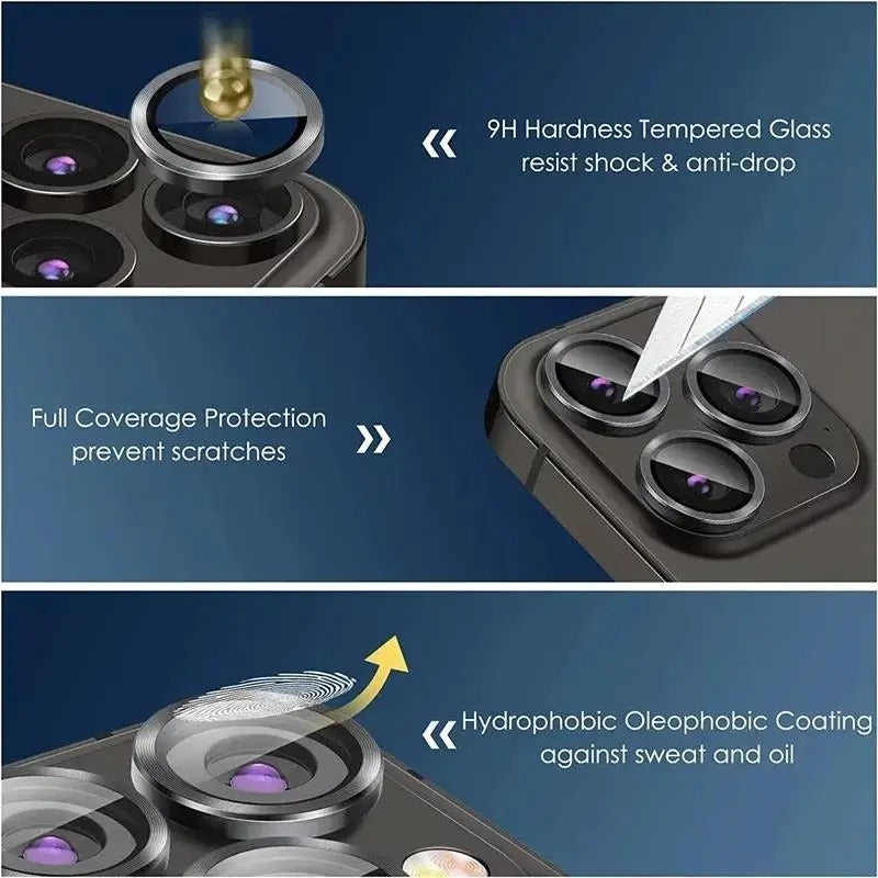 Rugged iPhone Metal Camera Lens Protector, Tempered Glass Lens Ring with Full Coverage, Scratch Resistance & Shatter Protection