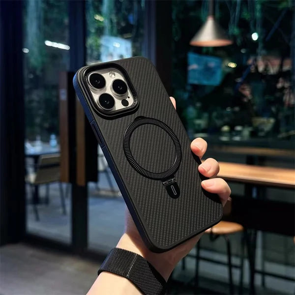 Luxury iPhone Case Titanium Gold Carbon Fiber Cover — MagSafe Compatible Magnetic Charging, Shockproof Hard Back with Ring Kickstand Holder, Anti-Fingerprint Design